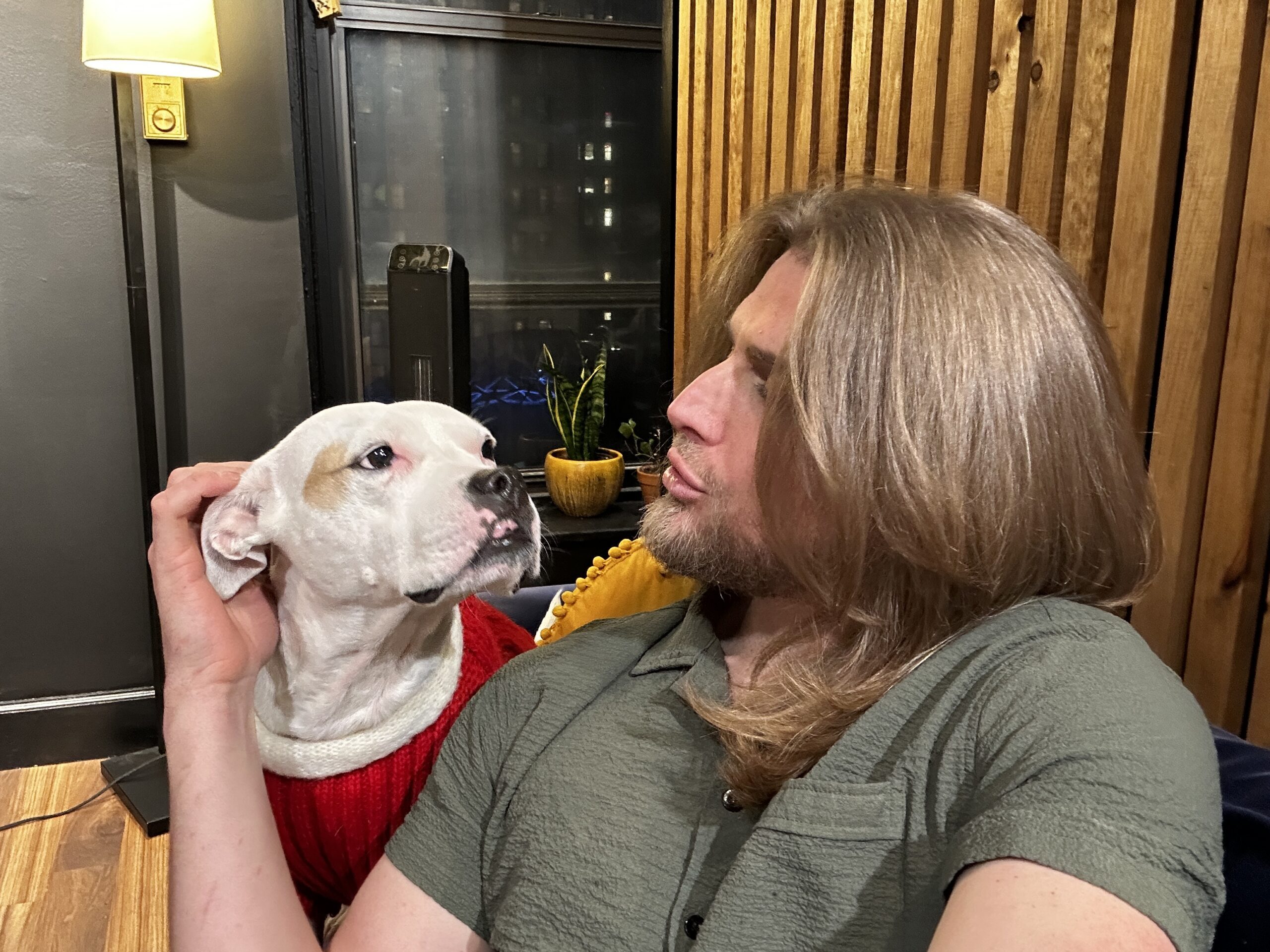 A dog and a man looking at each other.